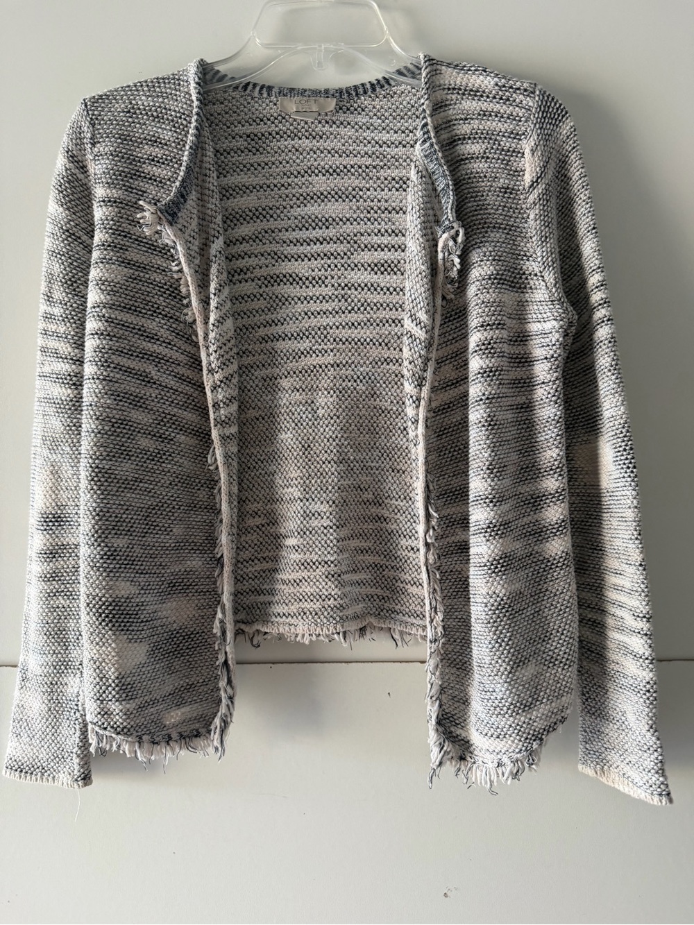 LOFT Marled Open-Front Fringe Cardigan in Gray and Cream